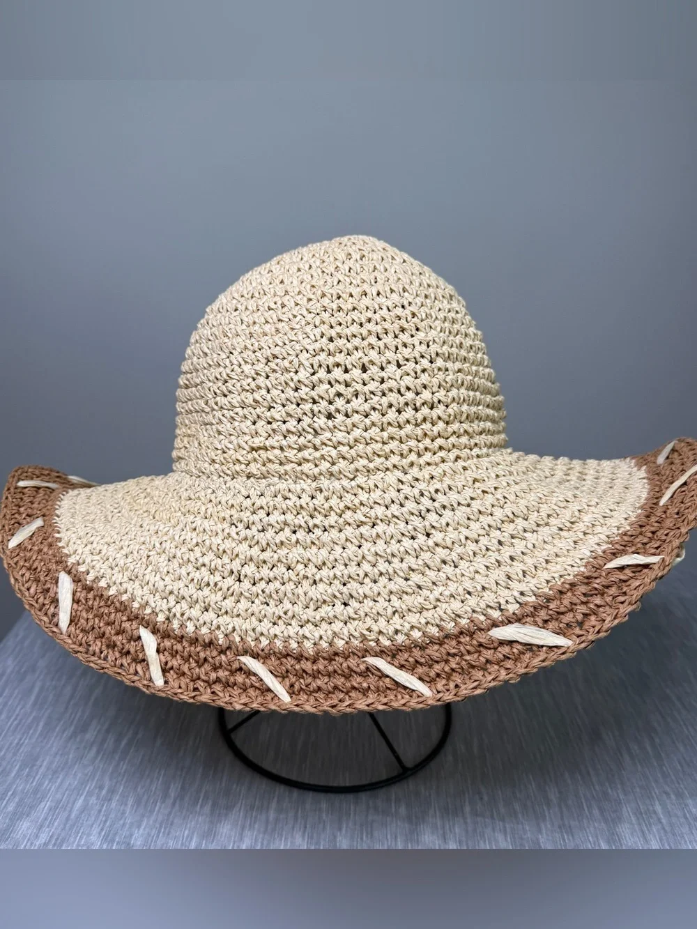By Anthropologie Crochet Paper Floppy Sun Hat Cream Tan Colorblock Whipstitch OS